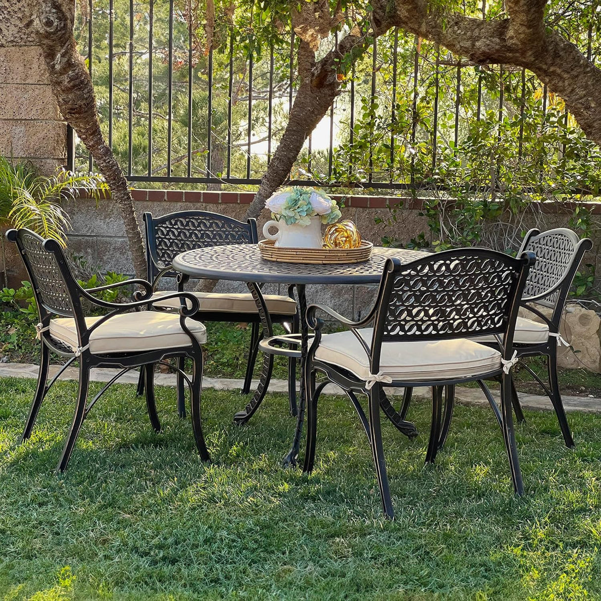 Mazatzal 5-Piece Patio Dining Set, Outdoor All-Weather Cast Aluminum Furniture Set with Umbrella Hole, Outside Table and Chair Set with Cushions, Large Metal Table and Patio Chairs for Patio Garden Mazatzal