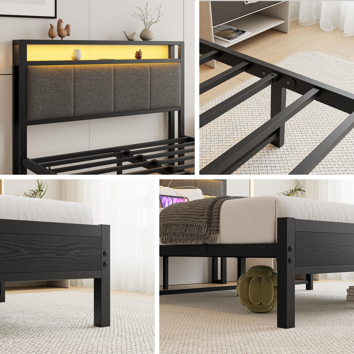 VECOCHO Full Size Bed Frame with LED Lights, Upholstered Headboard with Storage Shelves&Charging Station, Heavy Duty LED Bed Frame Full Mattress Foundation No Box Spring Needed, Noise Free,Grey VECOCHO