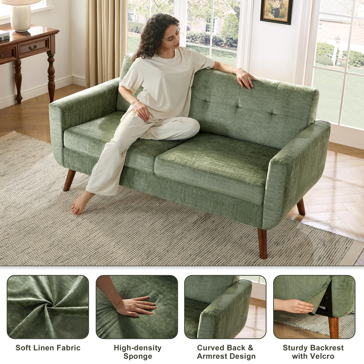 Tbfit 65" W Loveseat Sofa, Mid Century Modern Couches Love Seats for Living Room, Button Tufted Upholstered Small Couch for Bedroom, Solid and Easy to Install Love Seats Furniture, Green Tbfit