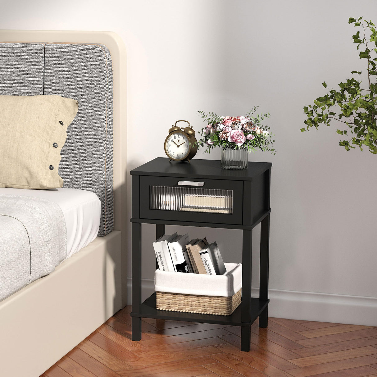 Nightstand Wooden Bedside Table with Drawer Black Night Stands Modern Style Small End Table Side Table with Storage Shelf for Bedroom Living Room MLBZ10B MMEOLUOOK