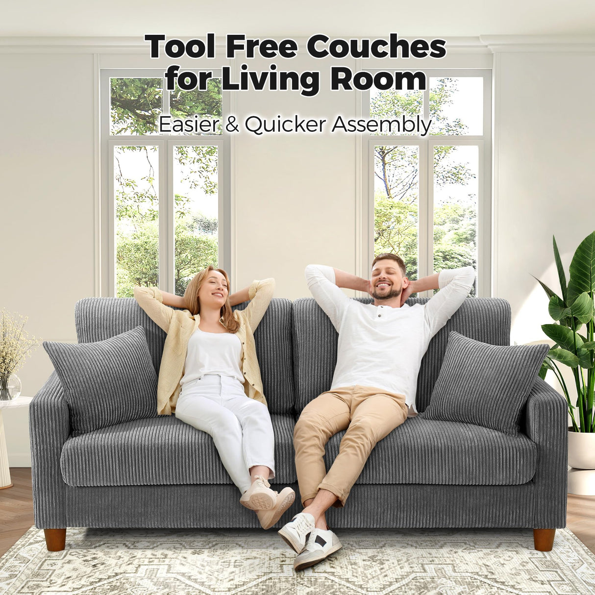 Kidirect 70in Corduroy Couch, Sofas for Living Room No Tool Assembly, Comfy Couches for Living Room 21in Deep Seats, Oversized Loveseat Sofa with 2 Pillows, 3 Seater Couch for Bedroom, Grey Sofa Kidirect