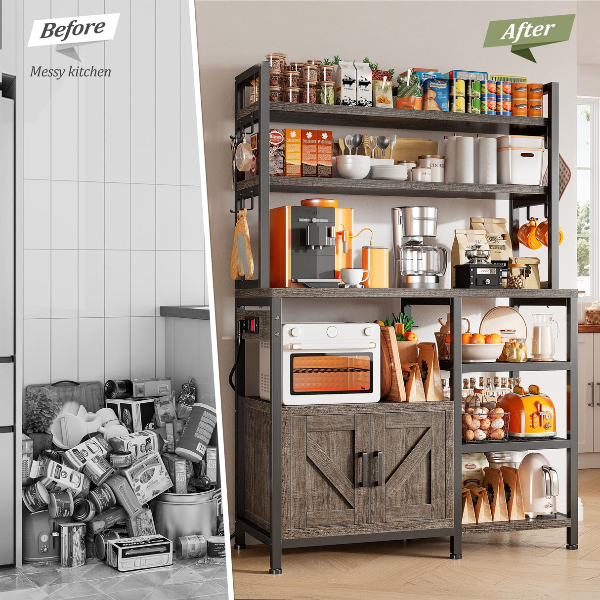 EnHomee Bakers Rack with Power Outlet, 6 Tier Coffee Bar with Storage Cabinet, Microwave Stand with Side Hooks, Utility Shelf for Kitchen EnHomee