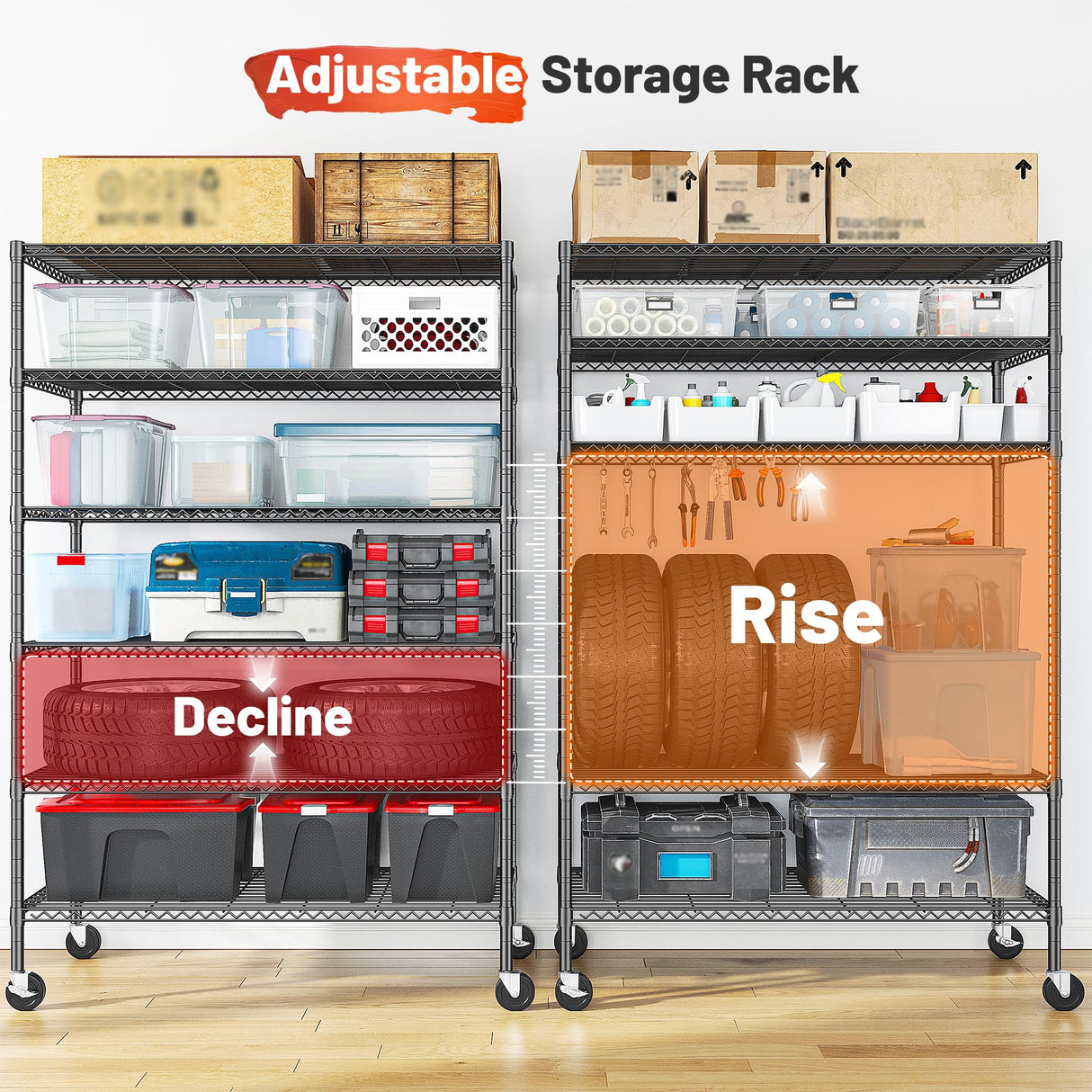 Romorgniz 82" H X45 W X18 D Storage Shelves with Wheels, 6 Tier Wire Shelving Adjustable Metal Shelving Pantry Shelves Capacity 1200LBS for Garage Shelving, Pantry, Kitchen, Closet, Commercial, Black Romorgniz