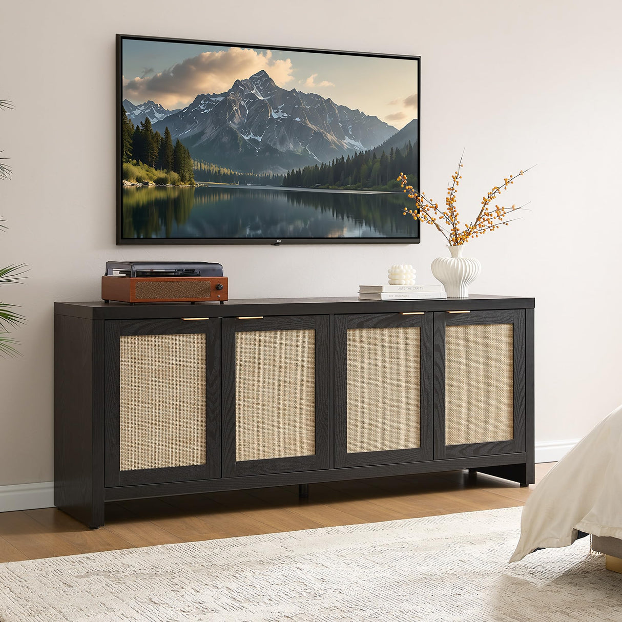 SICOTAS TV Stand for Living Room Boho Entertainment Center for Bedroom with 4 Rattan Cabinets Farmhouse Television Stands with Storage Large Media Console Table for TVs up to 45 50 55 60 65 Inch SICOTAS