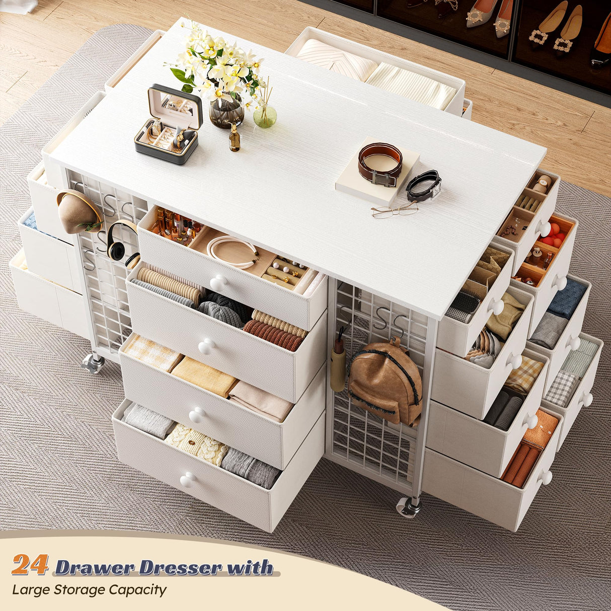 EnHomee White Closet Island with 24 Drawers,Wardrobe Armoire Bedroom Closet Drawer with Wheels & 40"* 23" Wide Wooden Top, White Drawer Dresser for Cloakroom,Dressing Room,White EnHomee