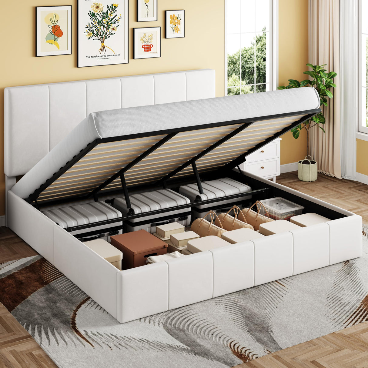 SHA CERLIN King Size Lift Up Storage Bed Frame, Adjustable Headboard, Hydraulic Support, Velvet Upholstered, Easy Installation, No Box Spring Needed, White SHA CERLIN