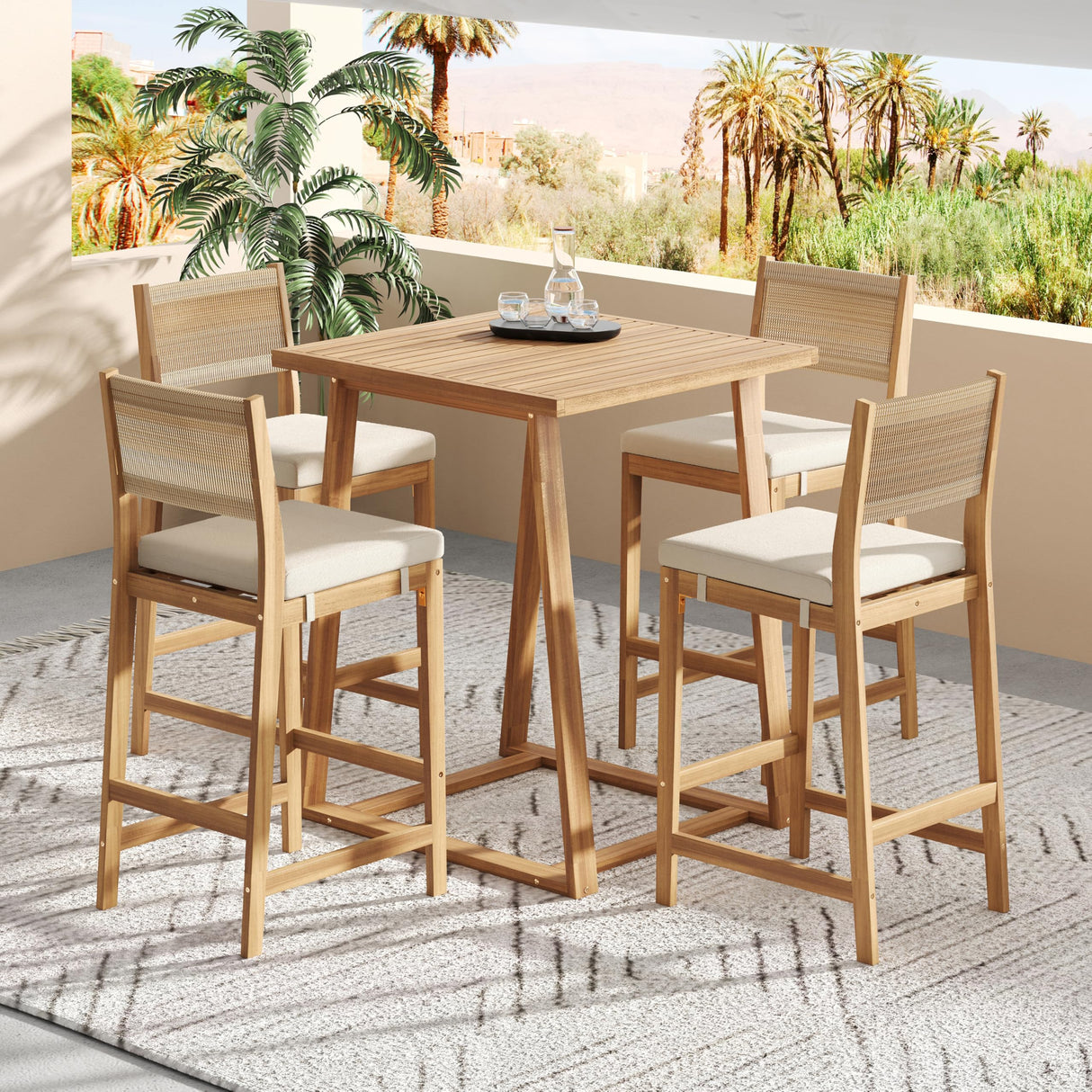 Merax 5 Pieces Acacia Wood Outdoor Patio Bar Set with Modern Boho Bar Height Chair Bar Table, 4 Bar Chairs with Soft Seat Cushions, Rattan Dining Bar Set for Garden, Backyard, Poolside and Balcony Merax
