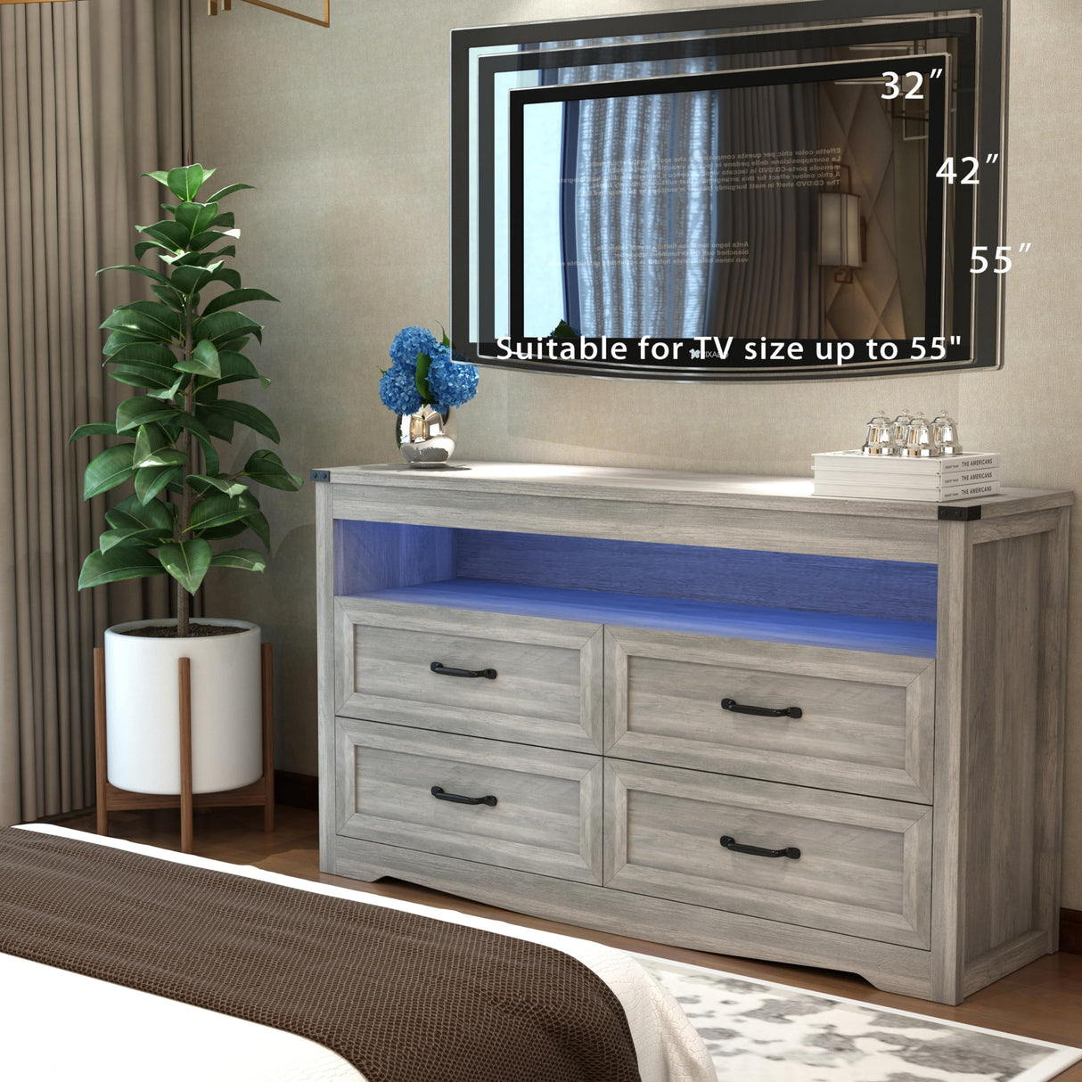 Wodeer 4 Drawer Dresser Chests with LED Light,Wide Chest of Drawers with Metal Handles,Wood Dresser for Storage and Organization for Bedroom,Living Room, Nursery,Hallway,Gray Wodeer