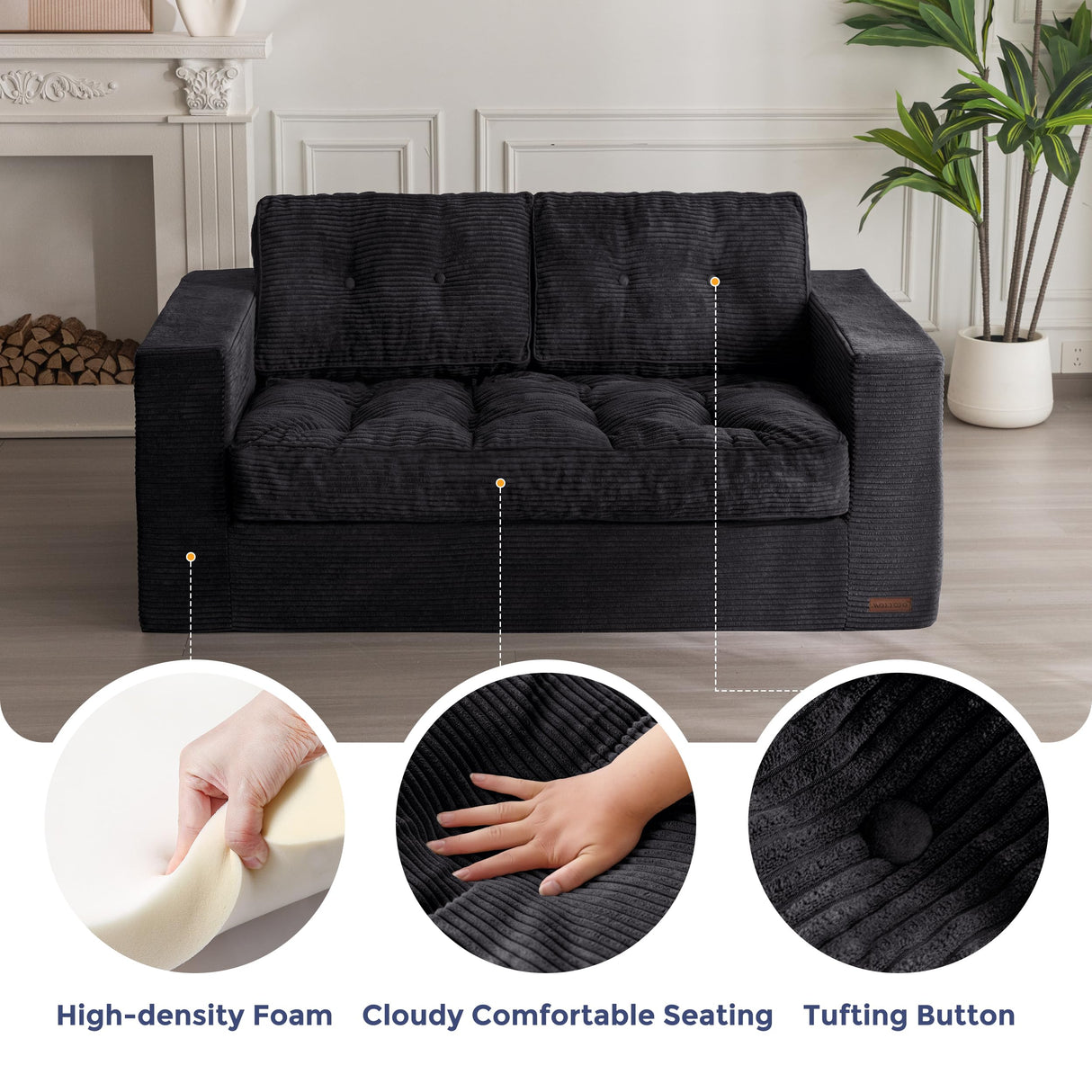MAXYOYO Bean Bag Chair for Adults, Upholstered Floor Sofa with Armrests, Loveseat Boneless Couch with Tufted Cushion & Backrest, Sofa in A Box, Large Bean Bag Couch for Bedroom Living Room, Black MAXYOYO