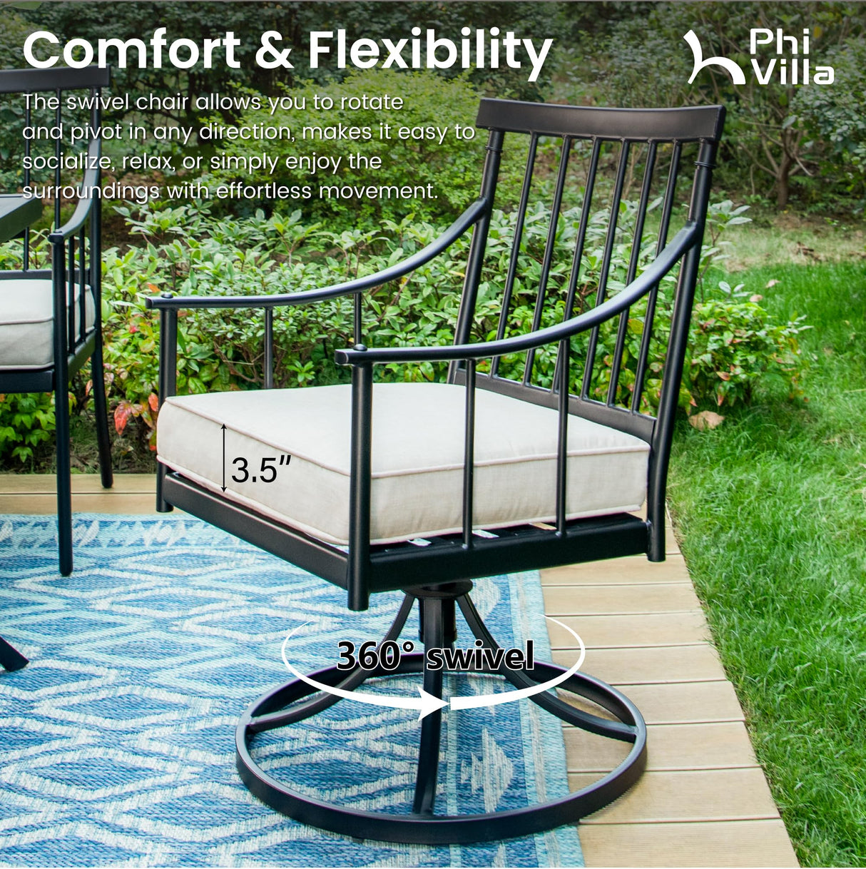 PHI VILLA 7 Pieces Outdoor Dining Set for 6, 65” Wood-Like Metal Rectangle Dining Table & Swivel Chairs with Cushions, Large Modern Dining Furniture Set for Patio, Deck, Porch, Backyard PHI VILLA