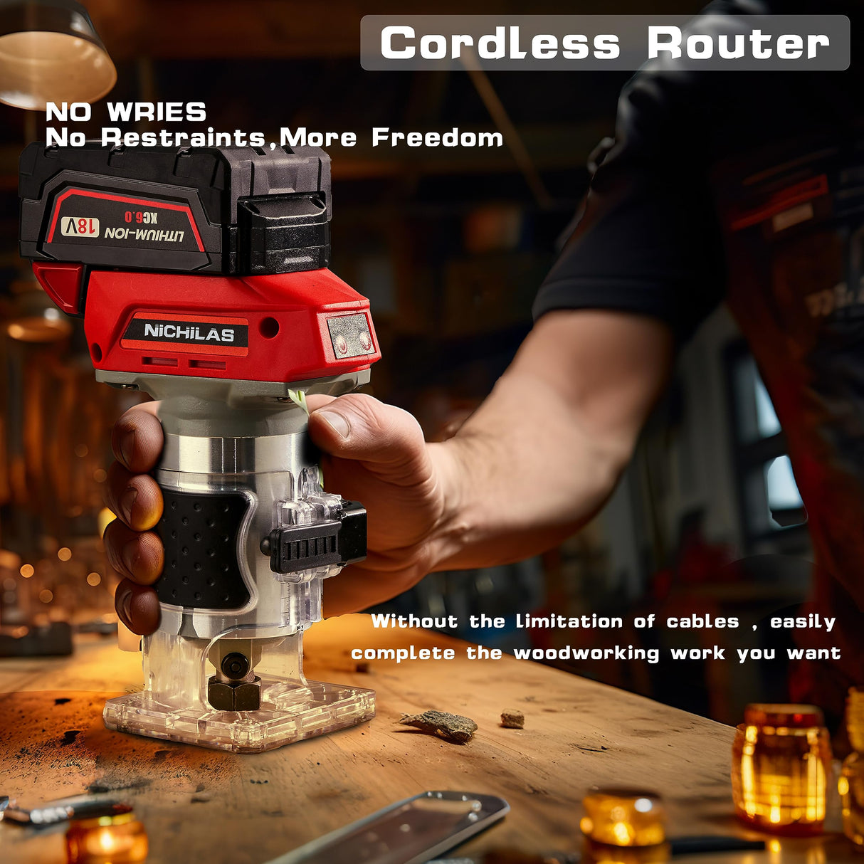 Nichilas Cordless Trimmer Routers for Milwaukee M18 Battery, Woodworking Joiner, Cutting Palmming Tool 6 Speed Adjustable, LED Light, 1/4" Collet with Guide Ruler and Wheel Nichilas
