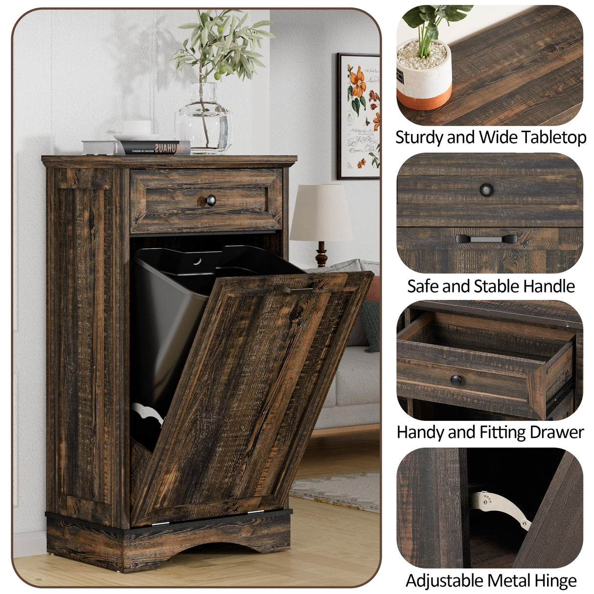 Ancohom Tilt Out Trash Cabinet 13 Gallon Wooden FreeStanding Waste Bins with Hideaway Drawer,Kitchen Island with Trash Can Storage(Rustic Black) Ancohom