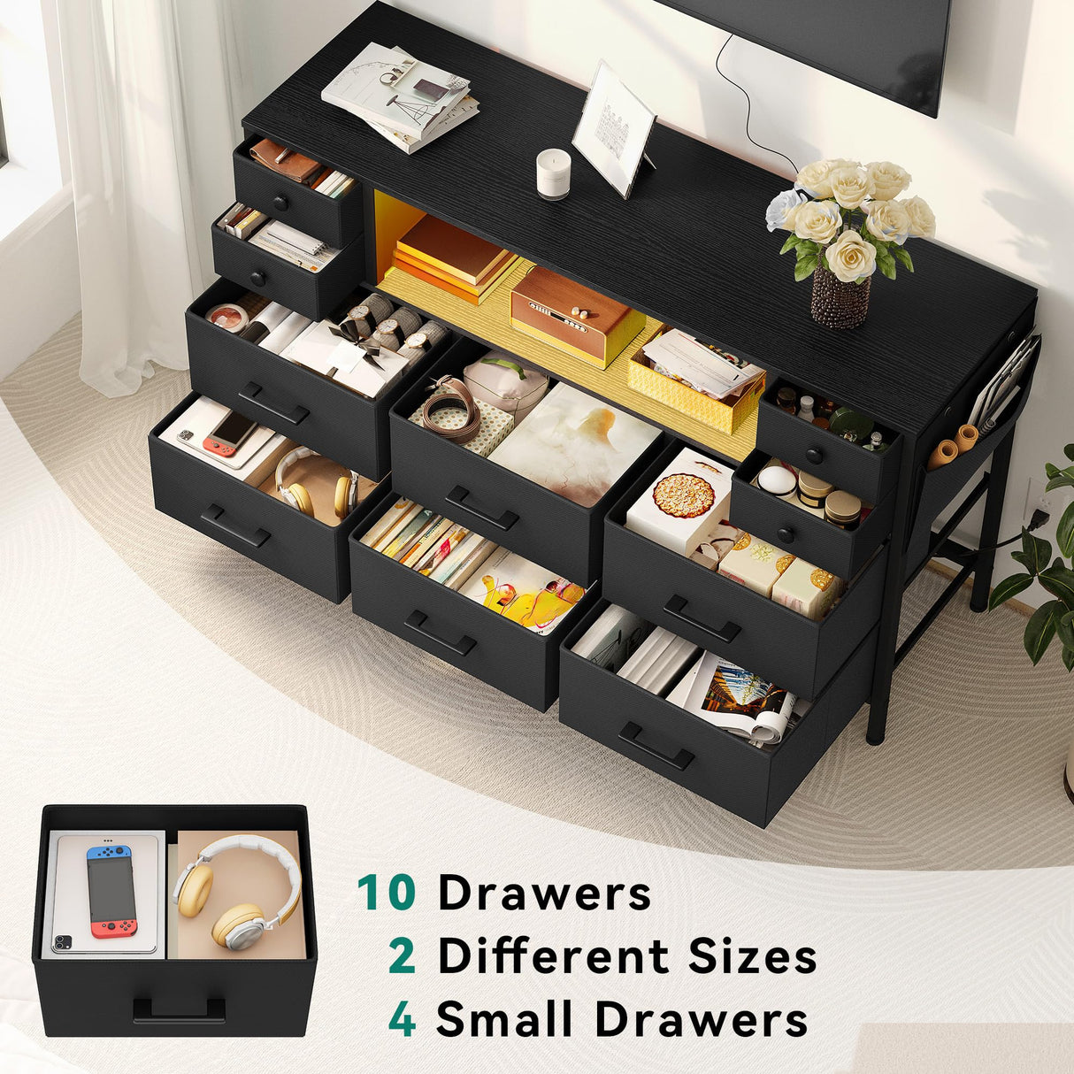 YITAHOME TV Stand with Charging Station, Dresser TV Stand for 55'', 10 Drawer Dresser for Room, Media TV Console Table with Side Pockets & Hooks, Storage Fabric Drawer Unit for Room YITAHOME