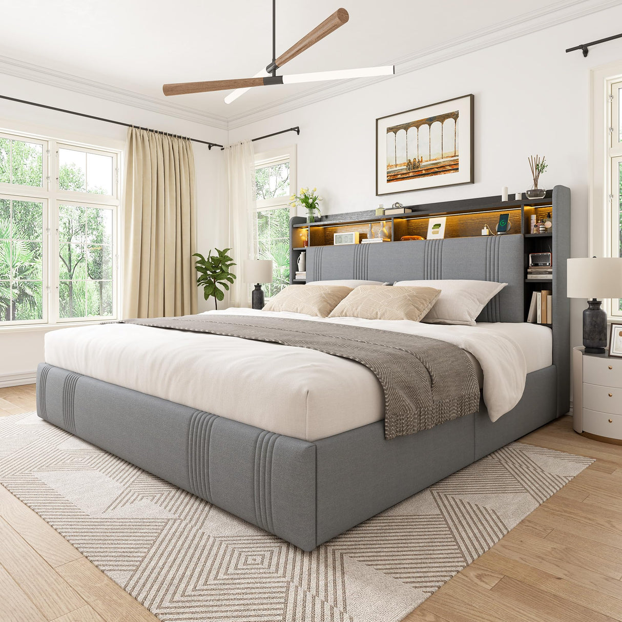 EnHomee King Size Bed Frame with 4 Storage Drawers, Upholstered Platform King Bed Frame and Headboard, King Bed Frame with LED Lights & Charging Station, Noise Free,No Box Spring Needed,Beige, Grey EnHomee