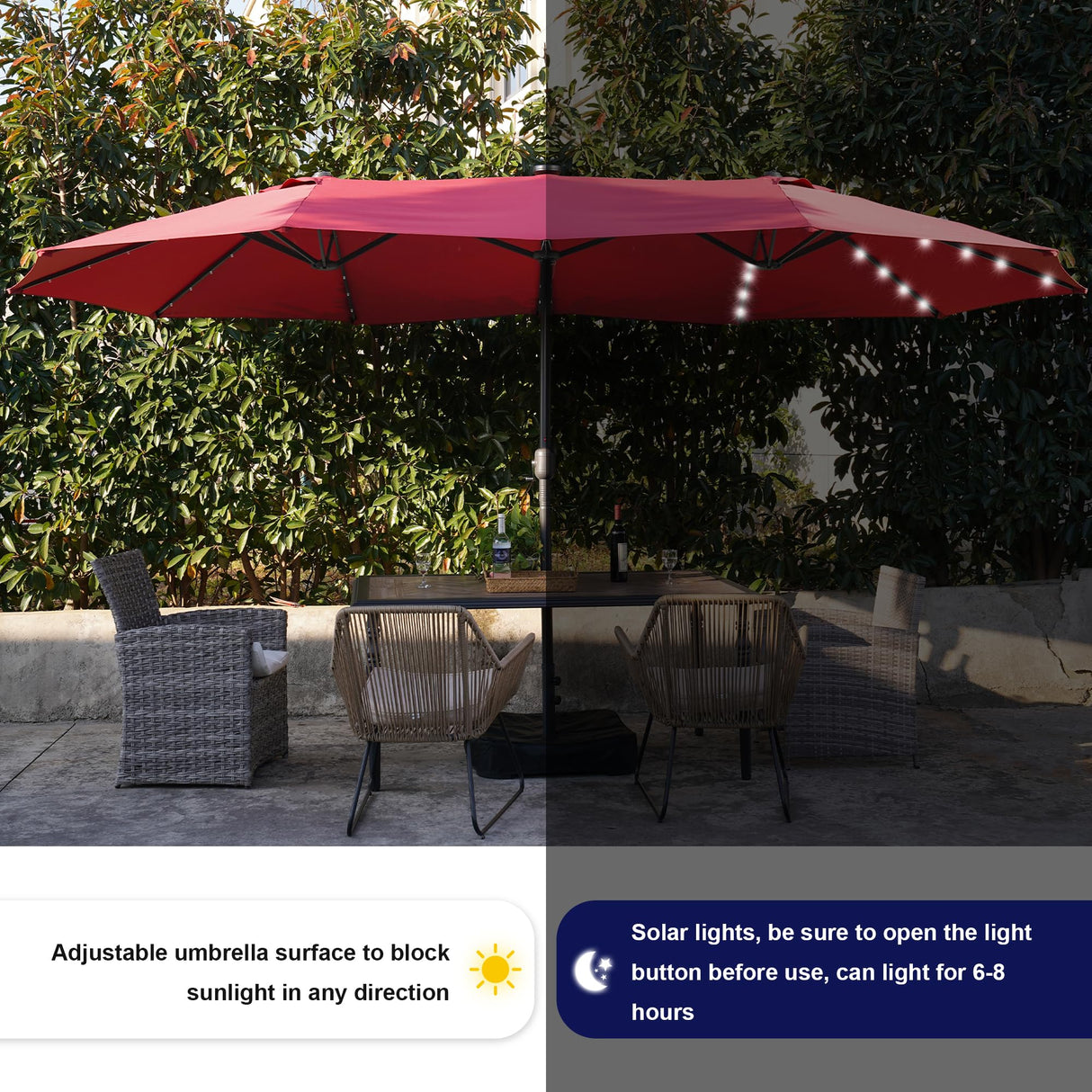 Sundale Outdoor 40LED 15ft Large Patio Umbrellas with Base Included and Umbrella Cover, Outdoor Double-Sided Umbrella with Solar Lights Red Sundale Outdoor