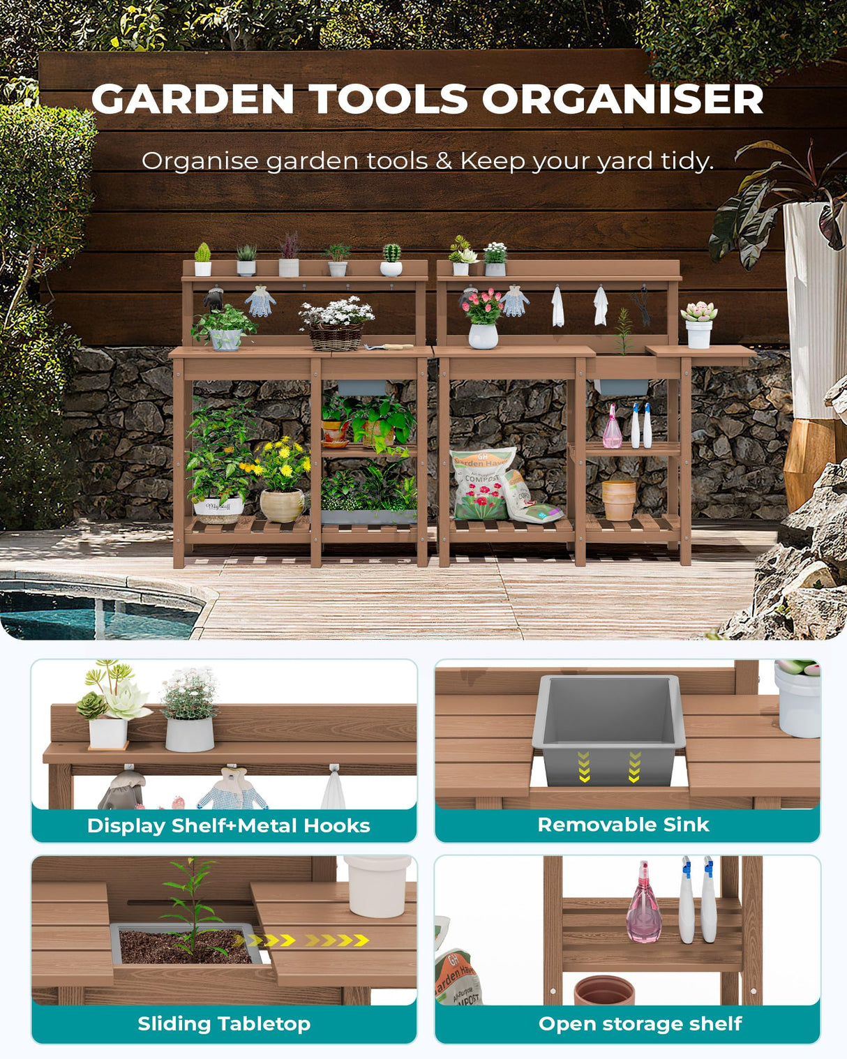 SERWALL Potting Bench Outdoor Potting Table with Sink, HDPE Potting Benches for Outside Gardening Table All Weather Use- Brown SERWALL