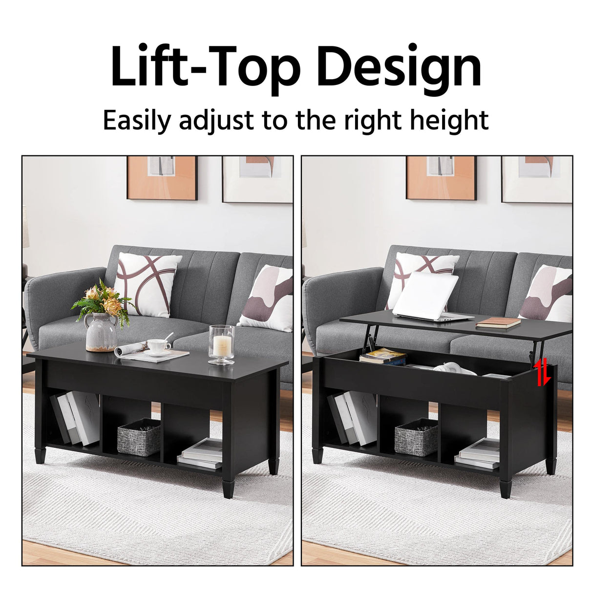 Yaheetech Coffee Table, Lift Top Coffee Table w/Hidden Storage Compartment & Lower 3 Cube Open Shelves, Lift Tabletop Coffee Table for Living Room/Reception Room/Office, Black Yaheetech