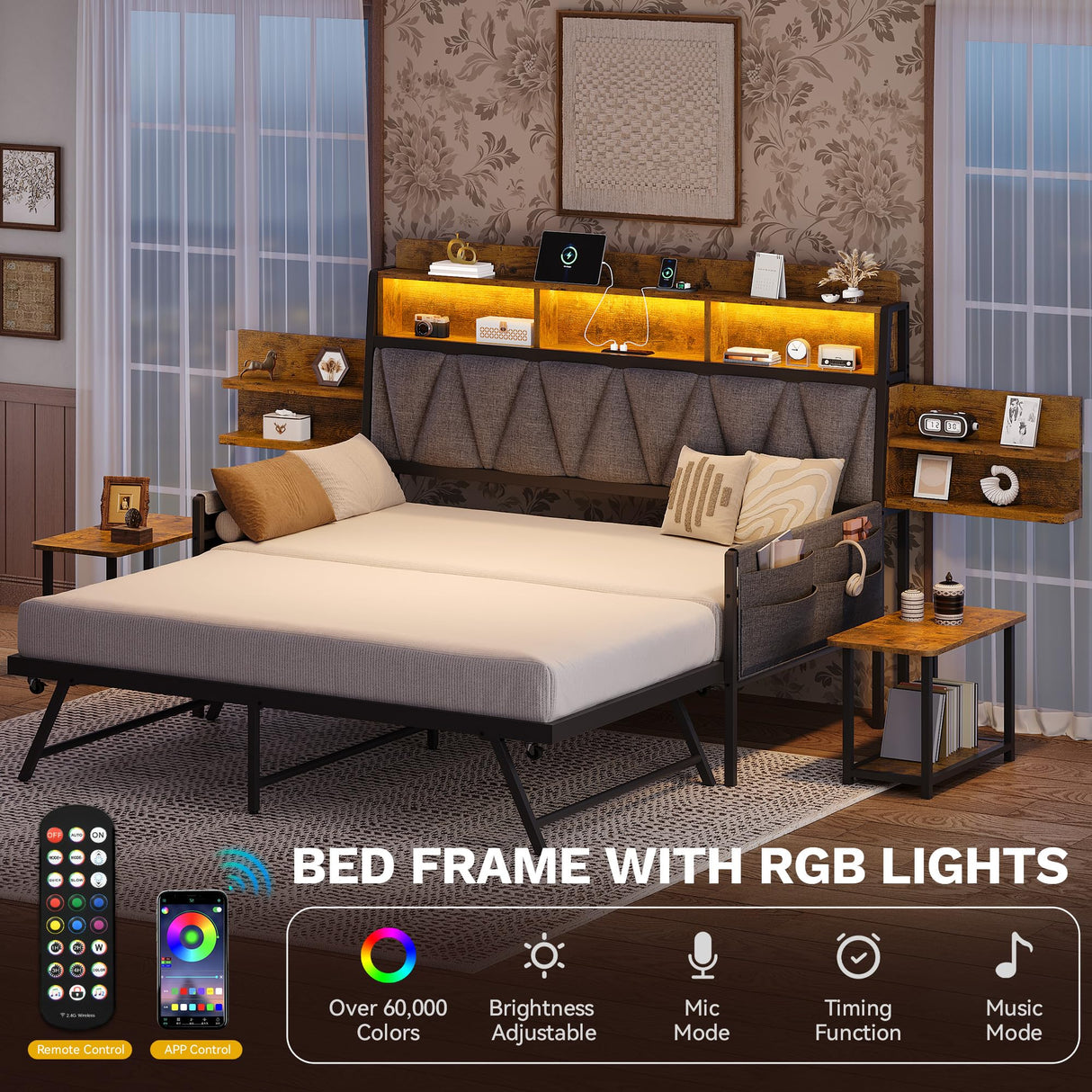 YITAHOME Twin Size Daybed with Trundle, Heavy Duty Metal Bed Frame with RGB LED Lights, Upholstered Storage Bookcase Headboard with Charging Station for Living Room, Bedroom and Guest Room, Grey YITAHOME