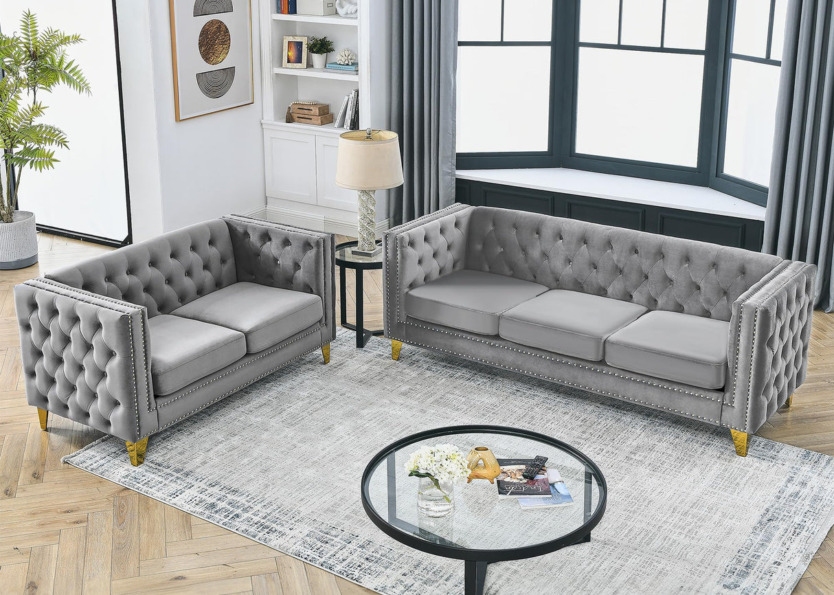 JEEOHEY Chesterfield Sofa,Oversized Velvet Sofa Couch,Deep Seat 3 Seater Sofa,Modern Sofa Chair with Button Nailhead,Upholstered Futon Couches,Furniture for Living Room,Bedroom,Office(Grey) JEEOHEY