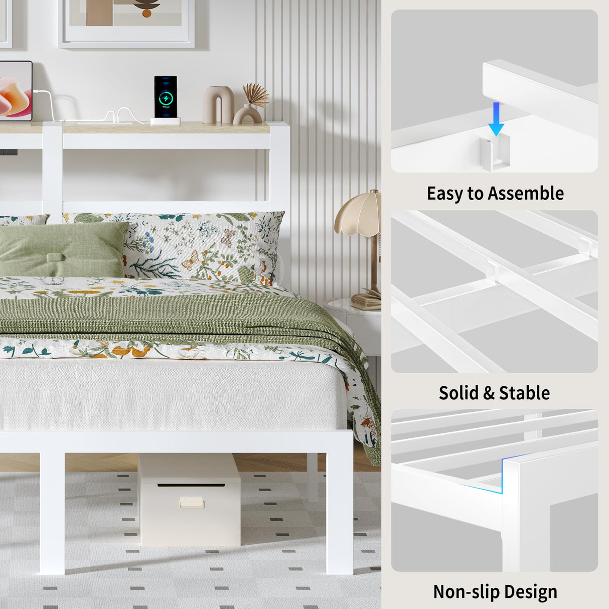 ChicZhiNest Full White Bed Frames with Charging Station and LED Lights, Full Platform Bed with Heavy Duty Metal Slats, Storage Headboard, Under Bed Storage, No Box Spring Needed, Noise Free ChicZhiNest