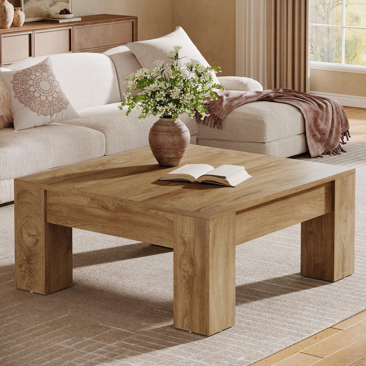 Tribesigns Square Coffee Table, 39-Inch Farmhouse Wooden Coffee Table with Sturdy Legs, Rustic Accent Center Table for Living Room, Easy Assembly, Light Brown Tribesigns