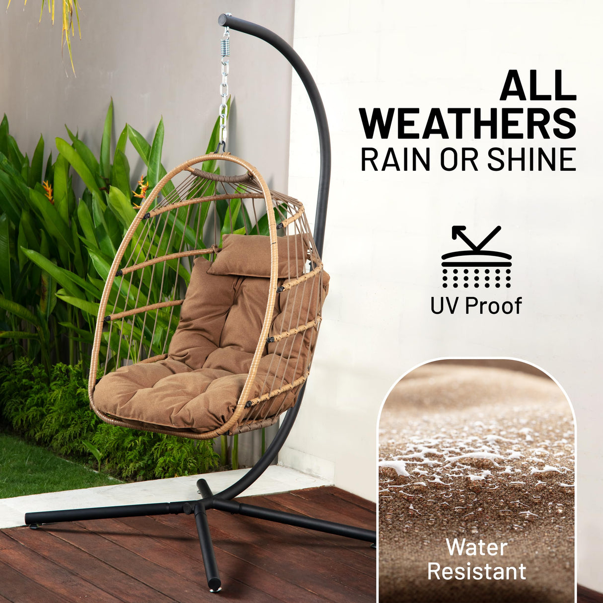 SereneLife Hanging Egg Chair with Stand - Up to 550 lbs of Capacity - Beautiful Swinging Basket Chair with Base Made from Wicker Rattan and Powder-Coated Steel Frame - Egg Swing Chair with Stand SereneLife