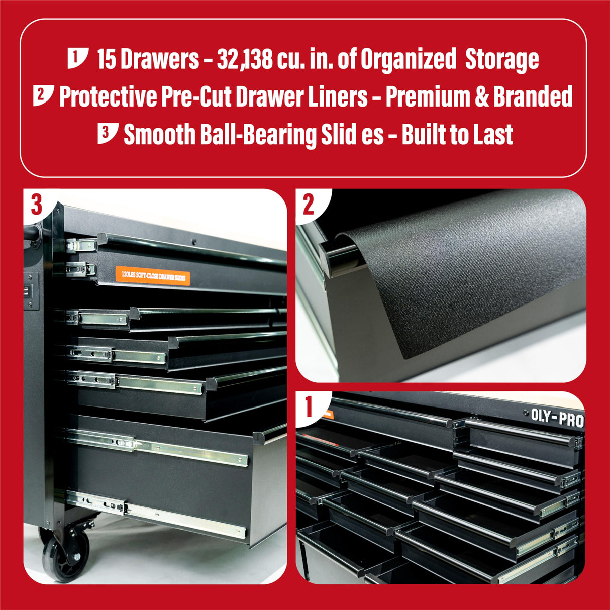 Olympia Tools 72 inch Heavy Duty Mobile Tool Chest Tool Box, with Solid Wood Top Workbench, 15-Drawer Rolling Tool Chest, Tool Storage Organizer for Garage, Workshop, and Home, Black Olympia Tools
