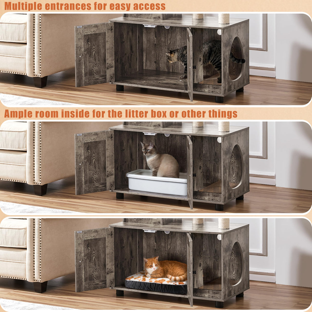 Yaheetech Litter Box Enclosure with Cat Tree, All-in-one Indoor Kitten House w/Scratching Posts, Wooden Cat Litter Box Furniture w/Kitty Condo, Platform, Greige/Beige Yaheetech