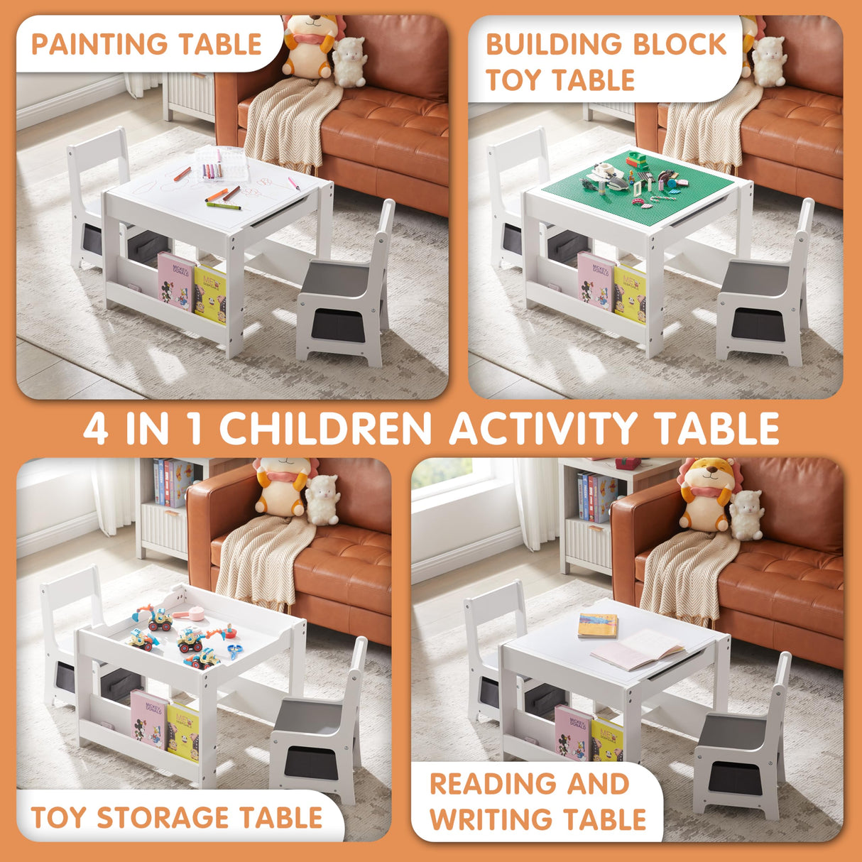 GABHX Kids Table and Chair Set, 3 in 1 Wooden Activity Table with Bookshelves and Storage Drawer, 2 in 1 Detachable Tabletop Construction Play Table Set for Drawing, Reading, Build Blocks GABHX