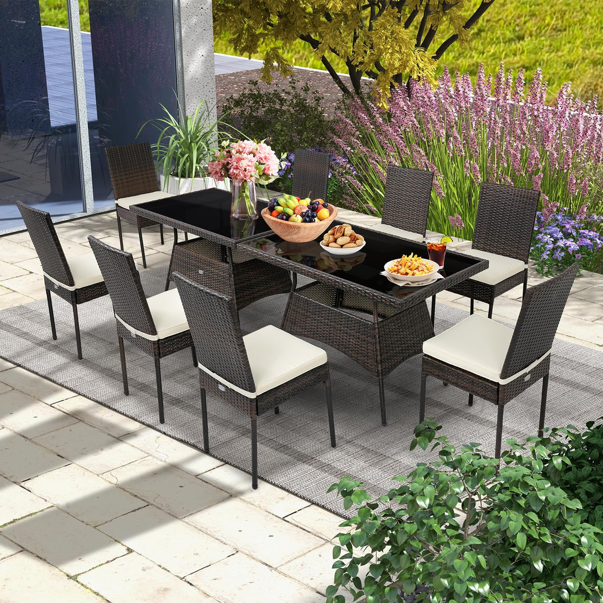 Tangkula 10 Pieces Wicker Patio Dining Set, Outdoor Rattan Table & Chairs Set with Padded Cushions, Patio Furniture Dining Glass Table Set for Balcony Patio Garden Poolside Tangkula