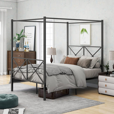 Full Canopy Bed Frame, Metal Canopy Beds with 4 Poster Design and Geometric Accented Headboard and Footboard, No Box Spring Needed, Underbed Storage Space