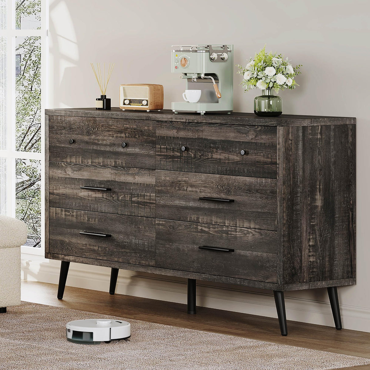 DWVO 6-Drawer Dresser, Wood Storage Cabinet with Black Metal Handles & Anti-Tip Design, Modern Chest of Drawers for Living Room, Bedroom, or Hallway-Dark Rustic Oak DWVO