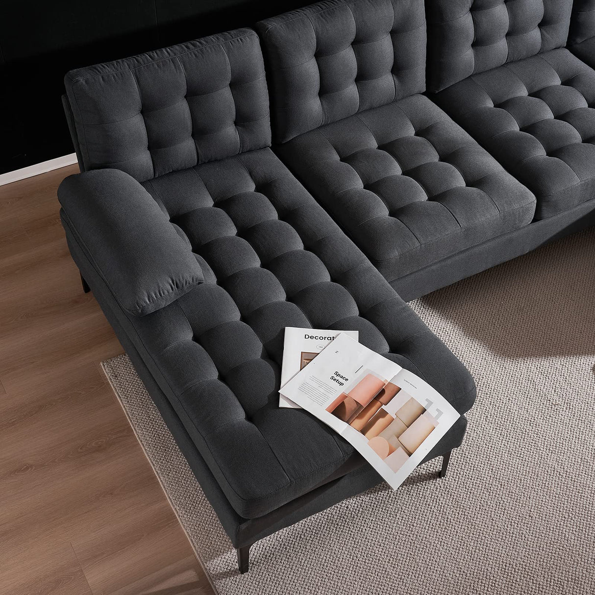 Karl home Sectional Sofa 110" U-Shape Sofa Couch Linen Fabric Upholstered with Double Chaises, Lattice Decorated, for Living Room, Apartment, Studio, Office, Dark Gray Karl home