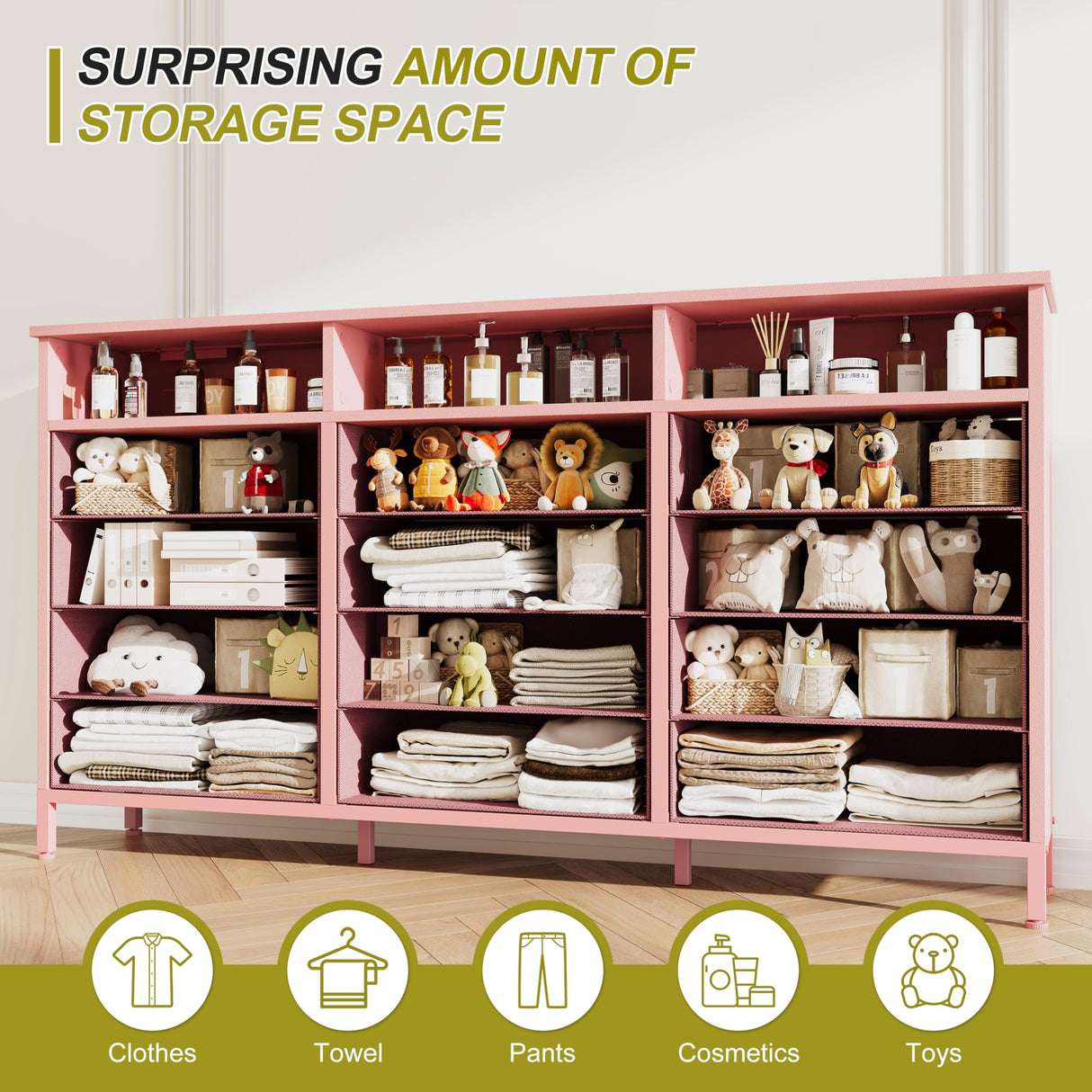 Dresser for Bedroom Bedroom Pink Dresser with LED Lights and Charging Station, 12 Long Fabric Drawers Dressers, Tall Wide Chest of Drawers Storage Organizer TV Stand for up to 65" TV for Living Room SOOWERY