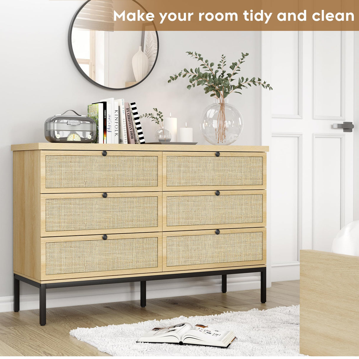 Brafab Natural Rattan 6 Drawer Double Dresser for Bedroom, Industrial Wood Clothing Organizer Boho Dresser, Wide Storage Chest of Drawers Dresser with Sturdy Steel Legs for Living Room, Hallway Brafab