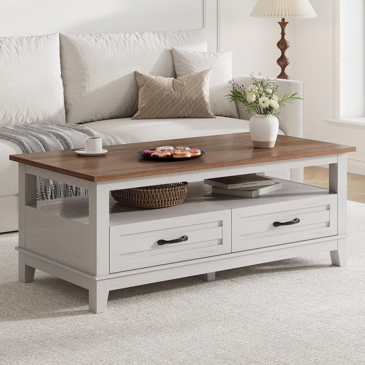 GarveeHome Farmhouse Coffee Table with Drawers, 47.2" Center Table Rustic Coffee Tables White Brown Living Room Table, with Open Shelf and 6 Support Legs GarveeHome