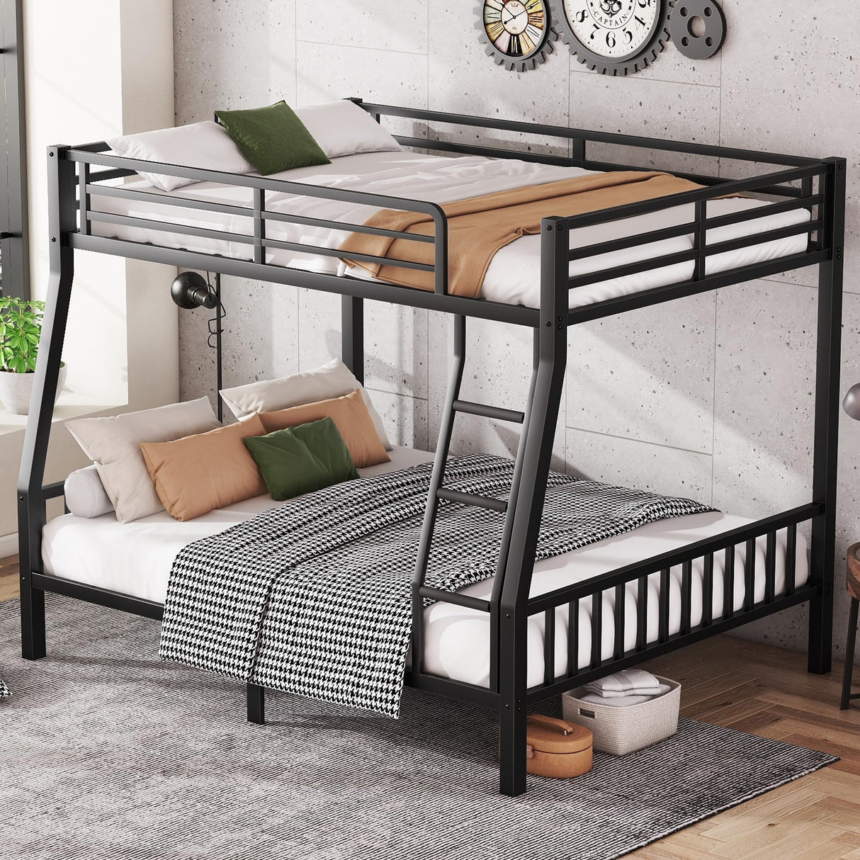 Full XL Over Queen Bunk Beds for Kids Teens Adults, Heavy-Duty Metal Bunk Bed Full Over Queen with Ladder and Slats Support for Boys Girls,Space-Saving,Noise Reduced,Black MoproBeti
