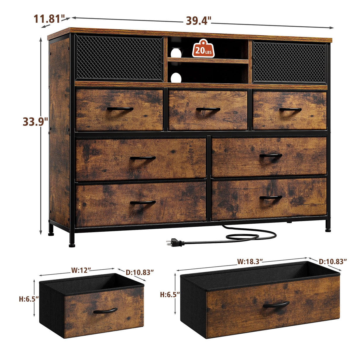 EnHomee Dresser TV Stand with Power Outlet TV Stand for Bedroom TV Stands for Living Room Dresser for Bedroom with 7 Drawers TV Console Table with Storage Entertainment Center,Metal Door,Rustic Brown EnHomee