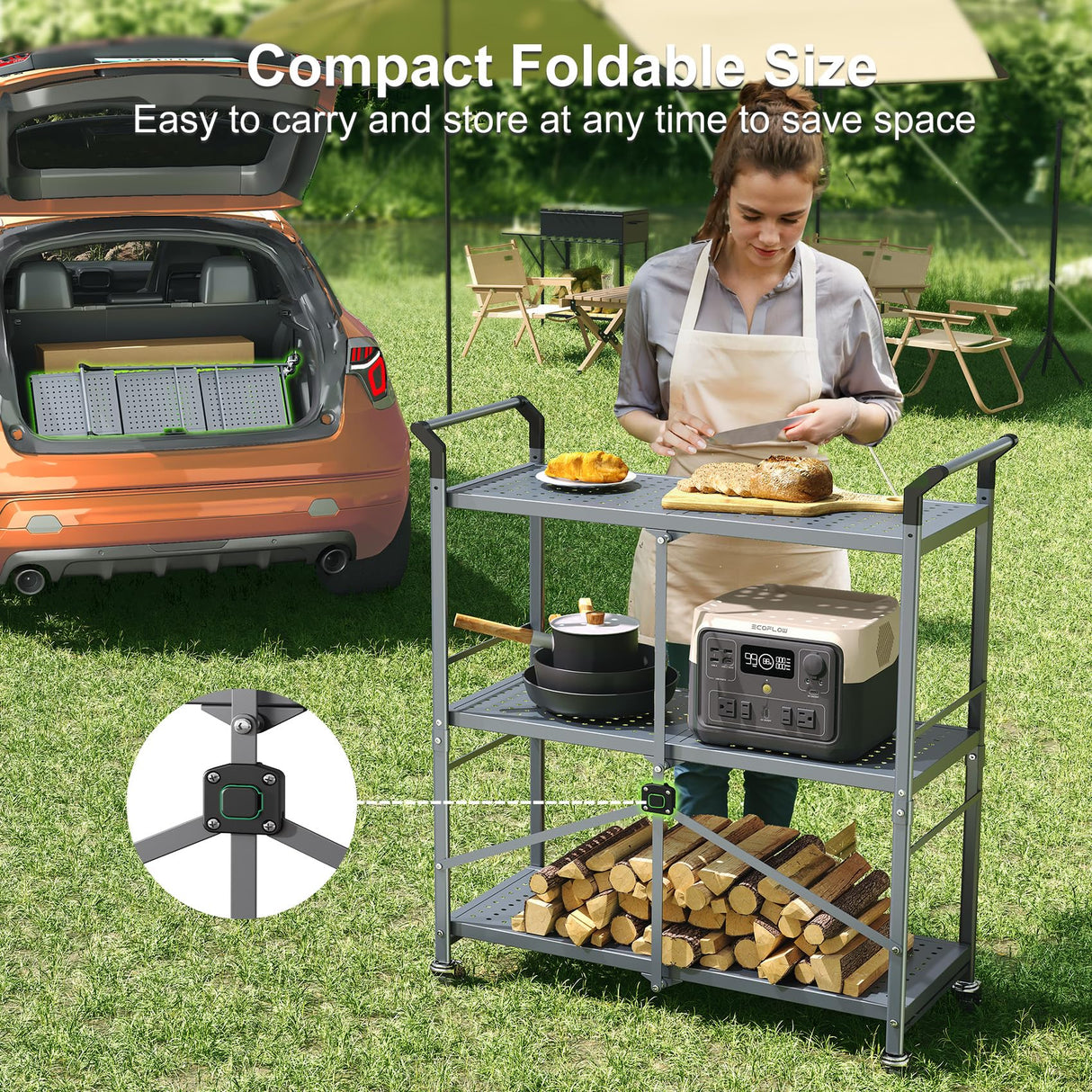 HKWOTINHA Folding Rolling Cart with Wheels - 3 Tier Collapsible Utility Cart, Metal Service Cart (Large) HKWOTINHA