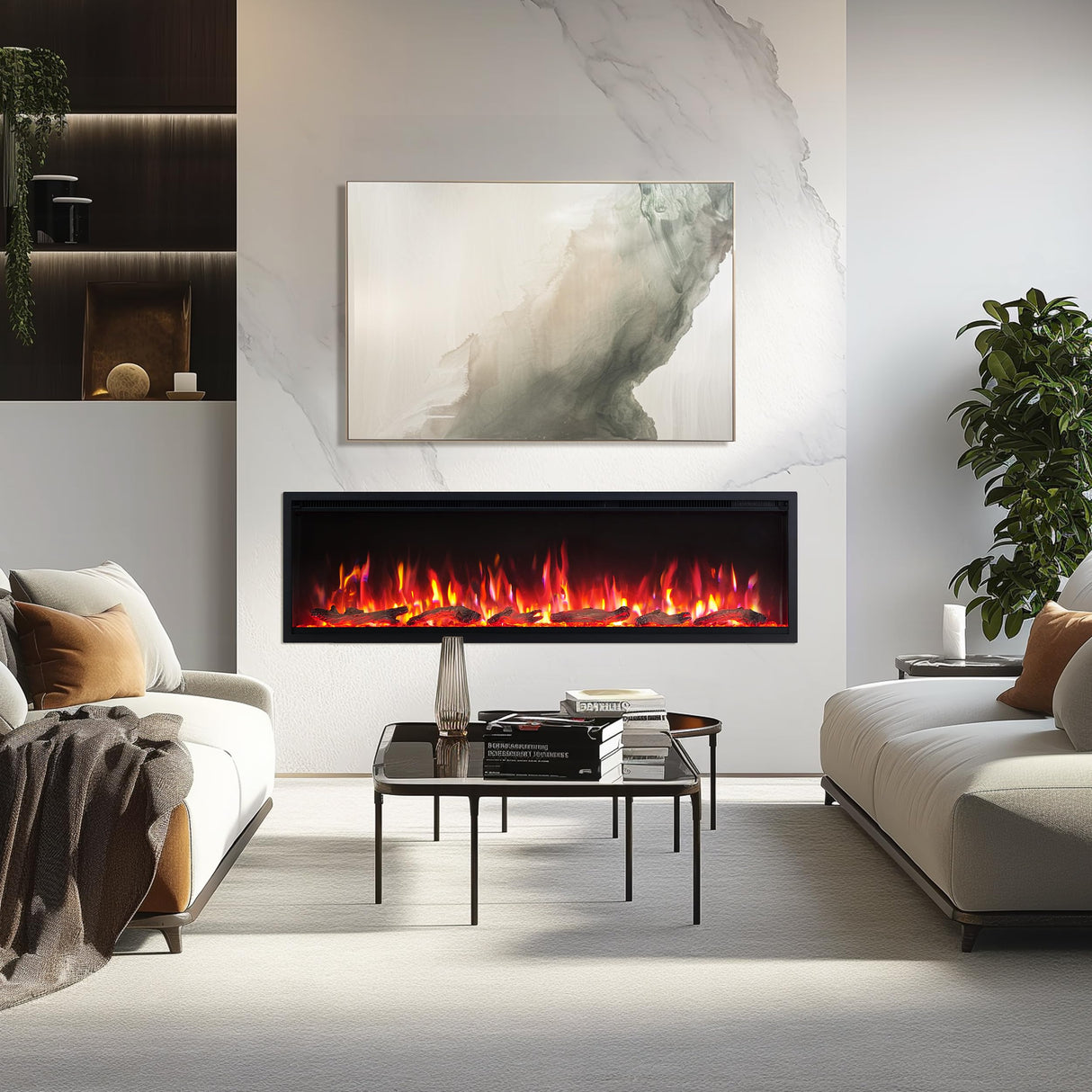 PuraFlame Herman 60 Inch Smart Linear Electric Fireplace - Premium Flame with 9 Colors, Clean Design, Recessed in-Wall or Wall-Mount or Free Standing, Compatible with Alexa and Google Assistant PuraFlame