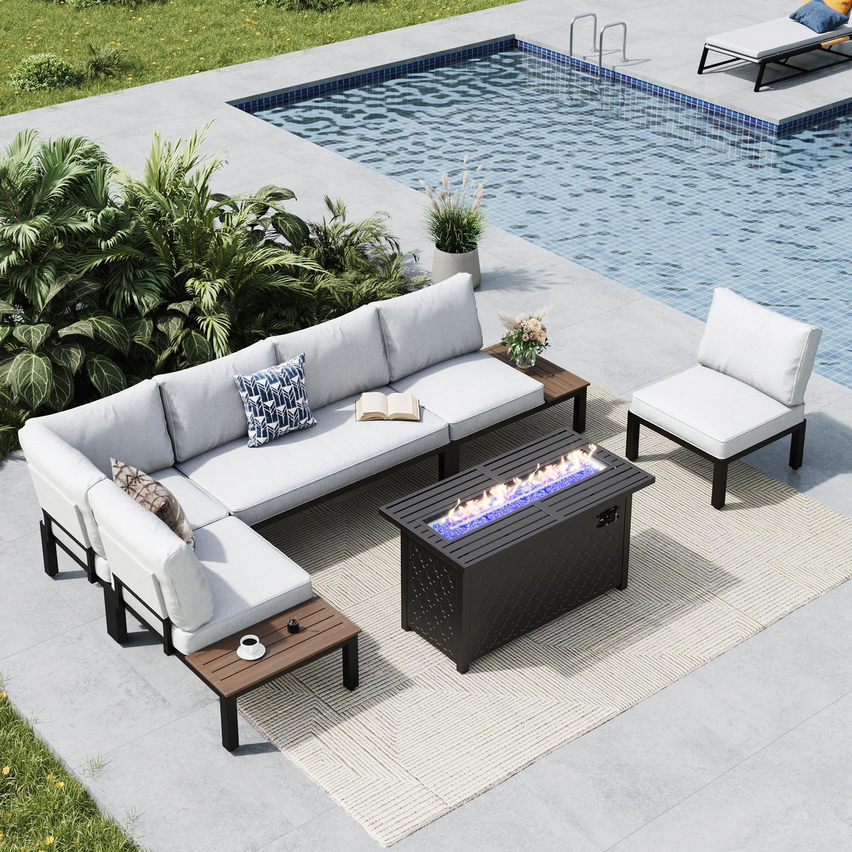 MFSTUDIO 6 Pieces Outdoor Patio Furniture Set with Fire Pit Table, Metal Outdoor Sectional Sofa Conversation Set for Backyard,Garden MFSTUDIO