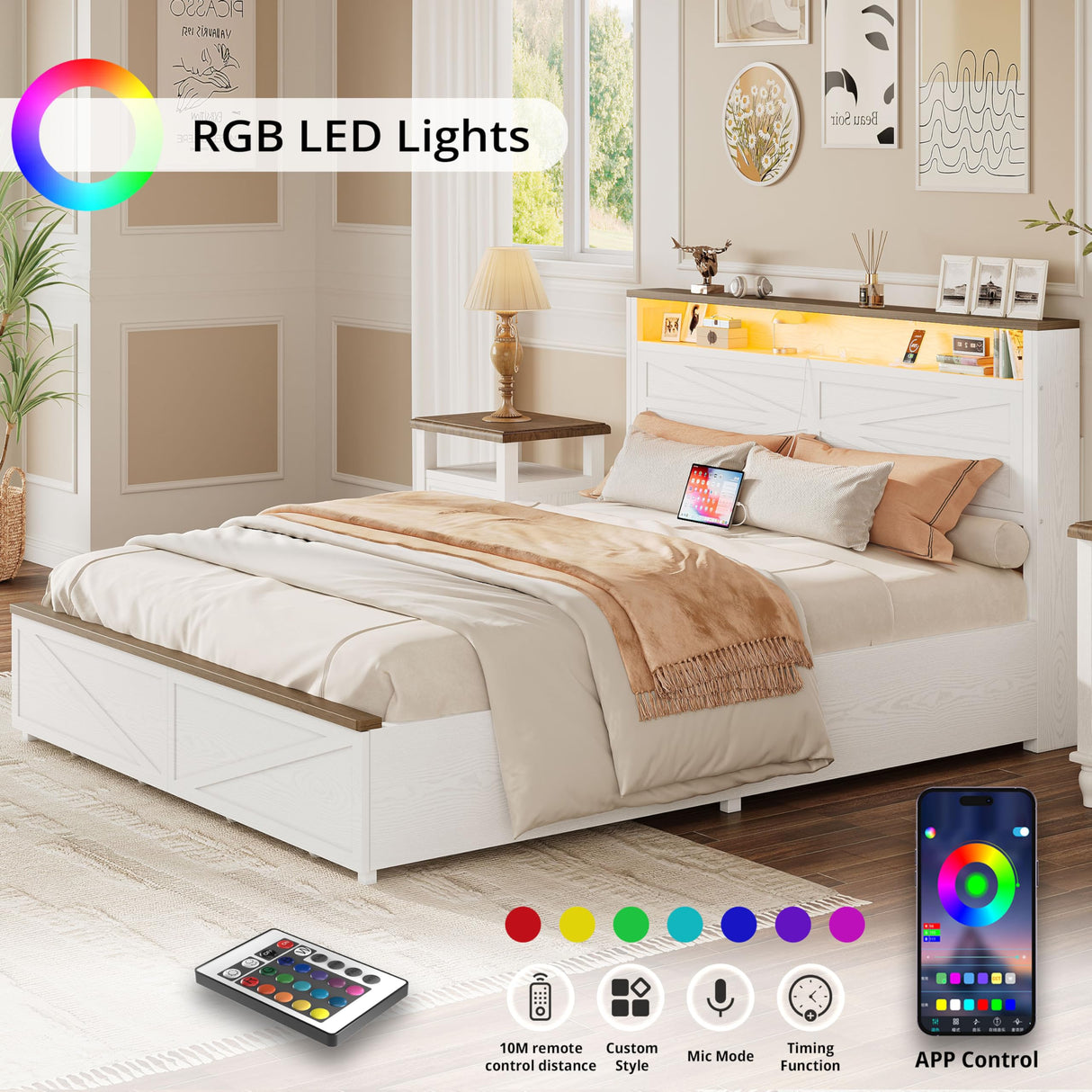 IRONCK Farmhouse Queen Size Bed Frame with LED Light and Charging Station, Wood Bed Frame with Storage Headboard and 2 Drawers, Barn Door Design, Sturdy and Noiseless, White IRONCK