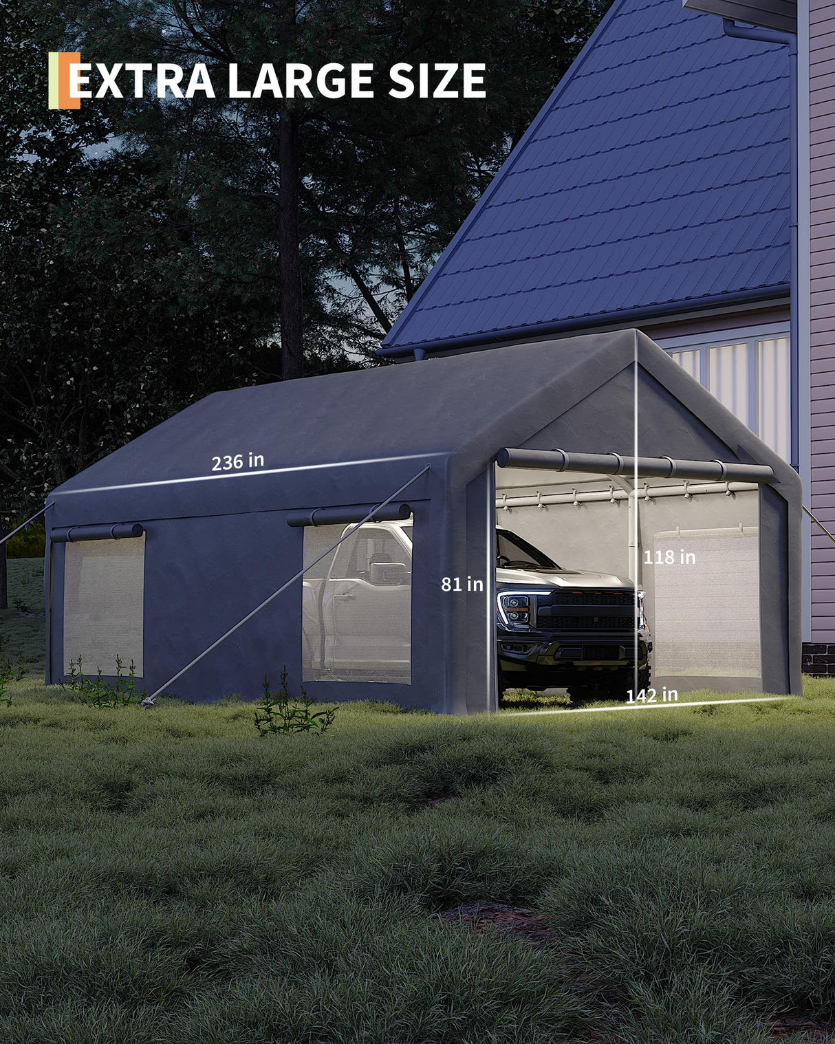 GarveeLife 12x20 Ft Carport, Car Port with 200g PE Tarp, Roll-Up Doors, and 4 Windows, for Full-Size Pickups, Bass Boats, Tractors, and SUVs, Gray GarveeLife