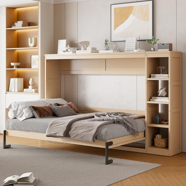 RuiSiSi Full Size Horizontal Murphy Bed with Storage Shelves, Hideaway ...