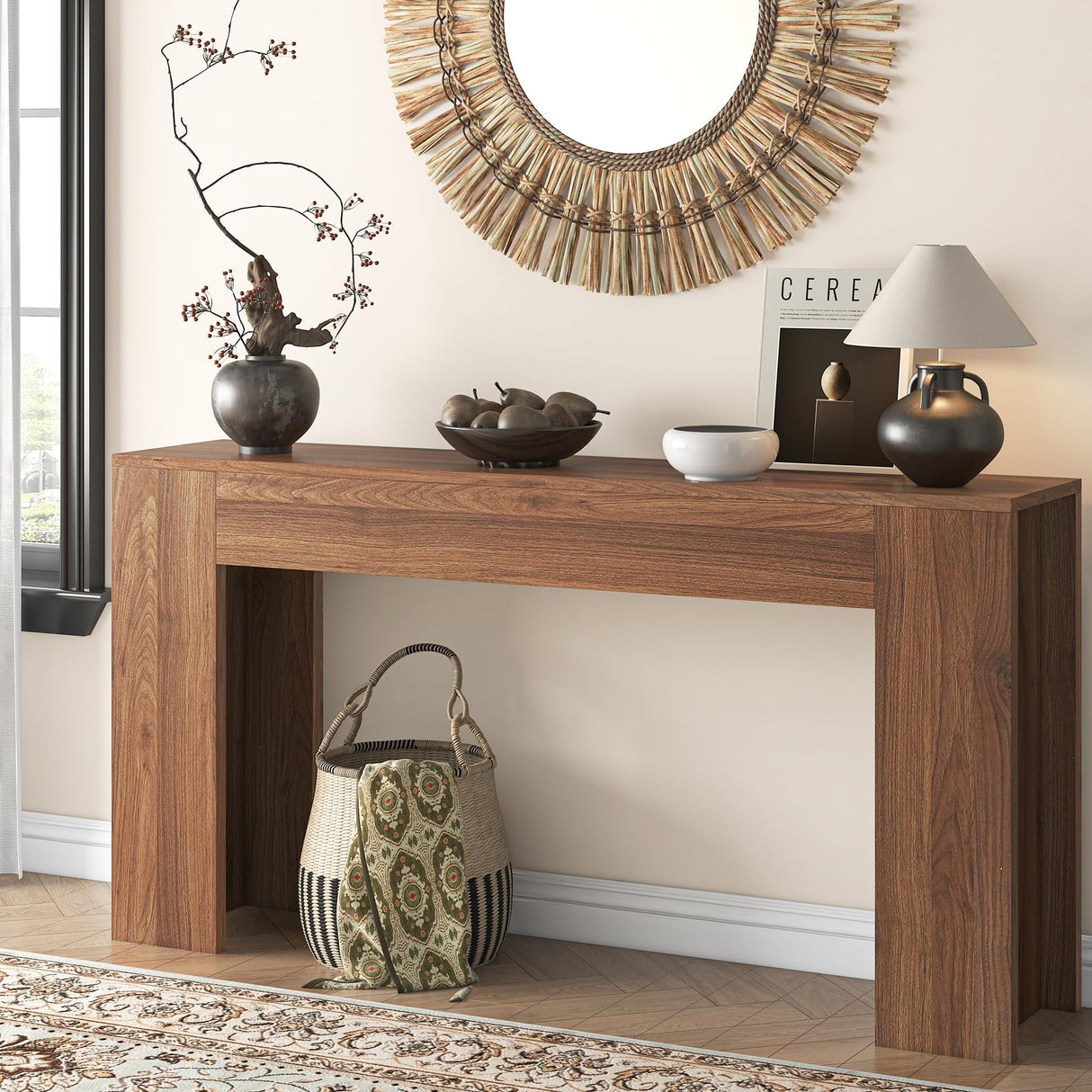 knoworld 63-Inch Long Console Table with LED Light, Farmhouse Sofa Table Behind Couch, Wooden Console Table for Entryway Hallway Entrance Living Room, Brown knoworld