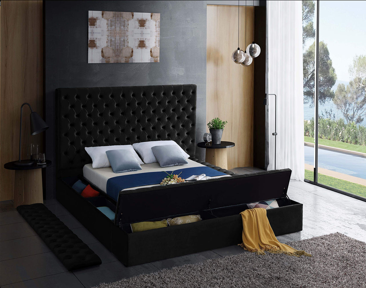 Meridian Furniture Bliss Collection Modern | Contemporary Velvet Upholstered Bed with Deep Button Tufting and Storage Compartments in Rails and Footboard, Black, King Meridian Furniture
