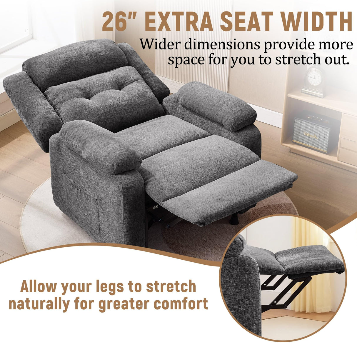 Korser Power Recliner Chair for Adults, Oversized Electric Recliner with Thickened Cushions, Chenille Fabric Reclining Chair for Living Room, Bedroom, Grey Korser