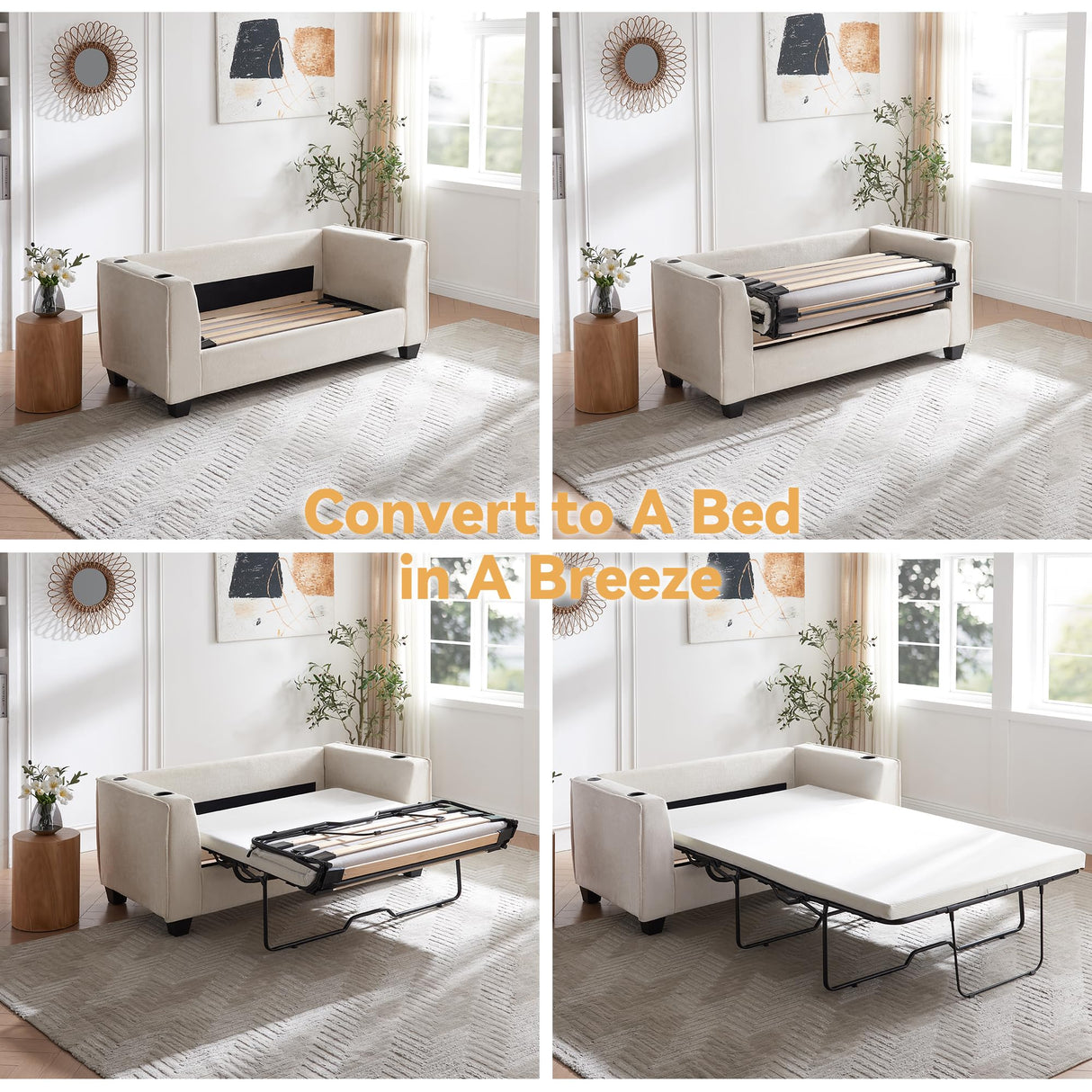 Brelice Pull Out Sofa Bed, Chenille Sleeper Couch with Memory Foam Mattress, 2-in-1 Convertible Sofa Solid Wood Slats Support, 2-Seat Loveseat for Living Room Home Office Apartment, Full Size, Beige Brelice