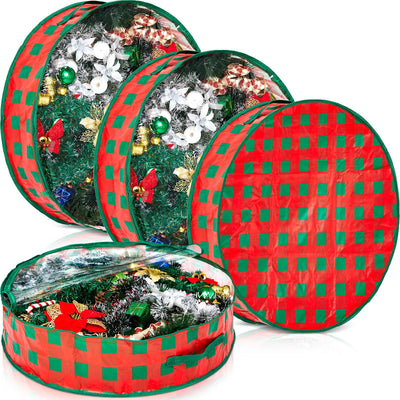 Aliceset 4 Pack Wreath Storage Containers, Storage Bags with Window and Handles, Durable Decoration Box Holder for Holiday(36 x 36 x 7.8 Inch,Red Green Plaid)