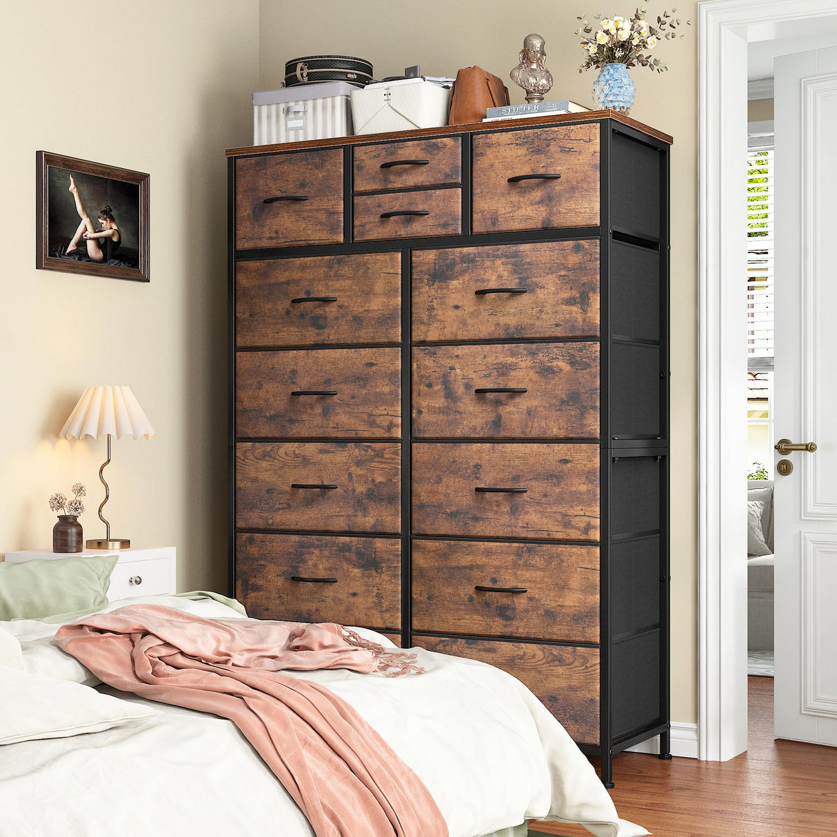 EnHomee 14 Drawer Dresser, Tall Dressers for Bedroom, Large Bedroom Dressers & Chests of Drawers, Sturdy Metal Frame & Wood Top, Easy Assembly, Closet, Living Room, Rustic Brown EnHomee